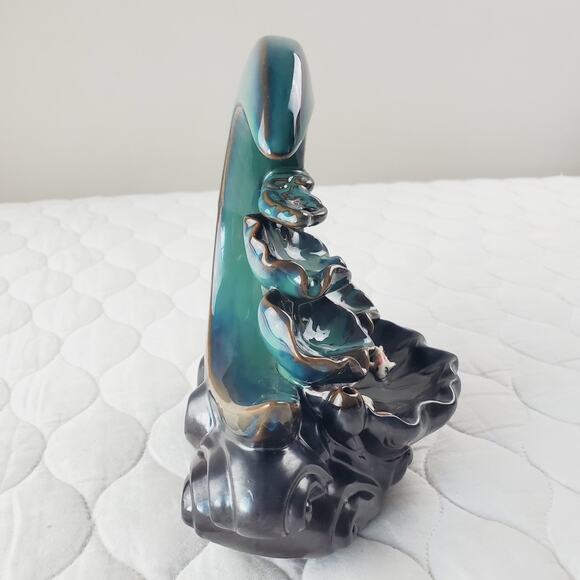 Ceramic Backflow Incense Burner Crescent Moon Lotus Waterfall Koi Fish Blue - Picture 5 of 7